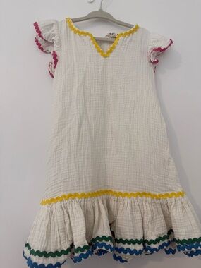 Mini Boden Cream Dress with Yellow, Pink, Green and Blue Ric-Rac